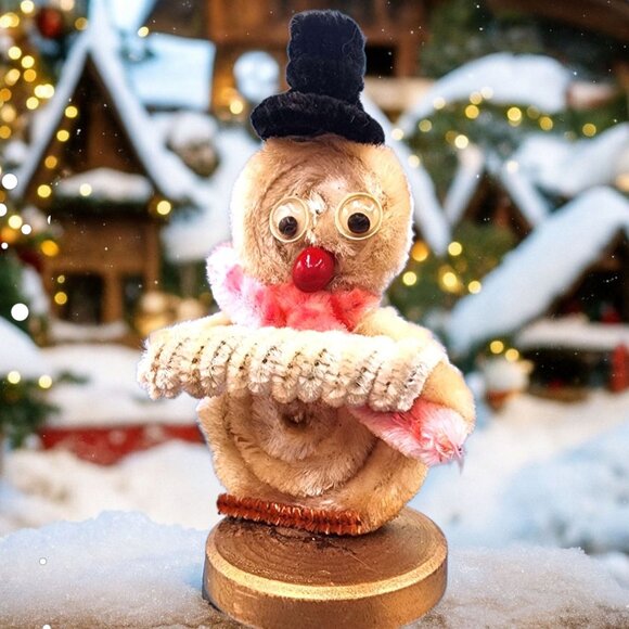 Vintage 1950s Chenille Snowman Ornament Red Nose Hat Scarf Accordion Putz Japan - Picture 1 of 10